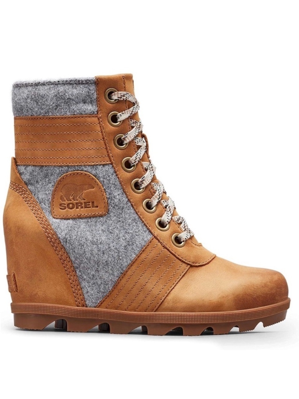 Sorel Women's Lexie Wedge Boots Women’s Camel Leather Gray Felt 3376-224 Size 9